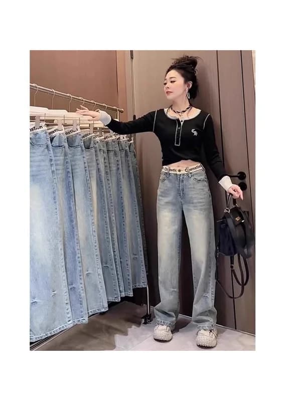 plus Size Slim Fit Wide Leg Jeans Women's Design Sense Embroidery Versatile High Waist Straight Knife Denim Pants