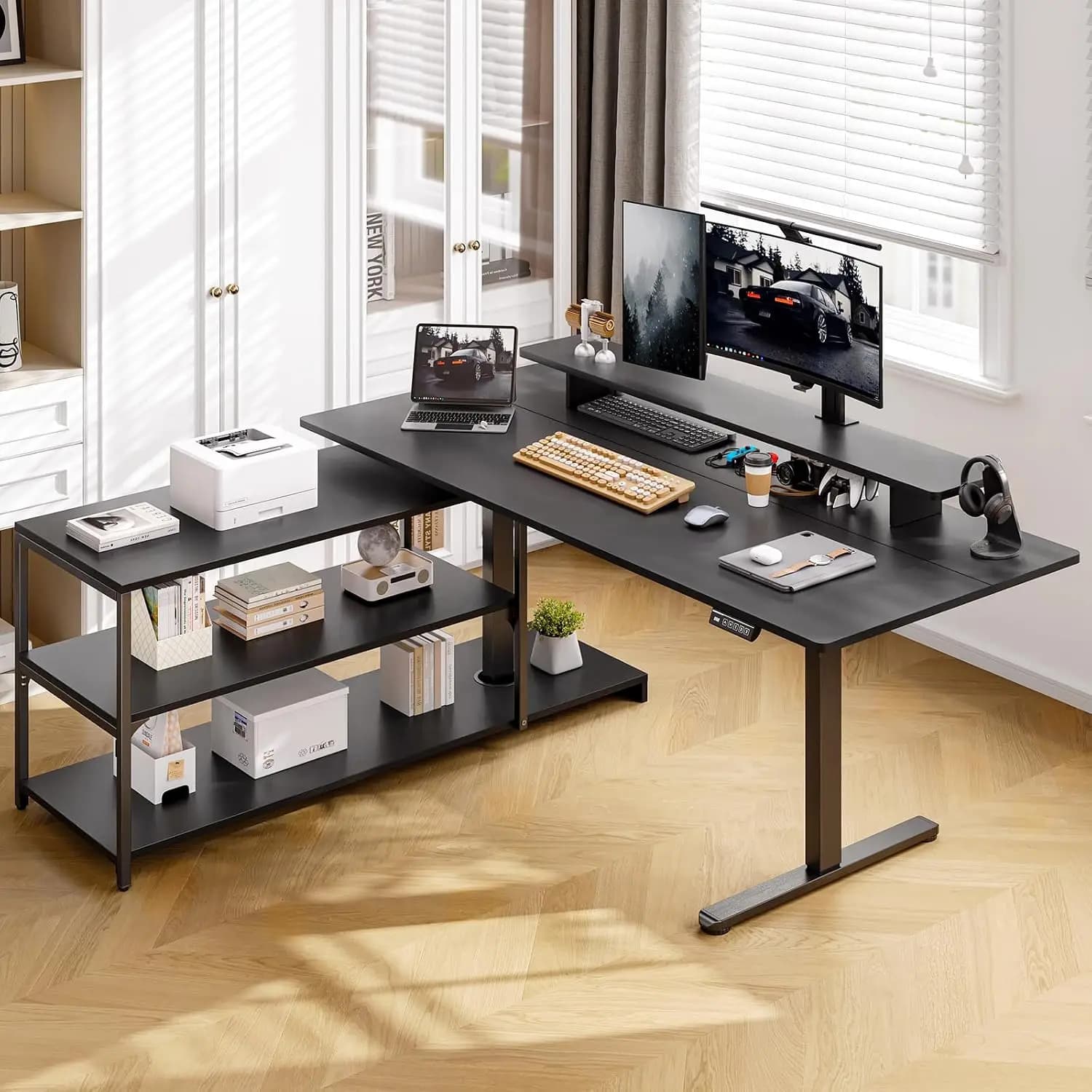 L Shaped Standing Desk with File Cabinet, 63x24'' Electric Stand Up Desk with Monitor and Storage Shelf, Customized