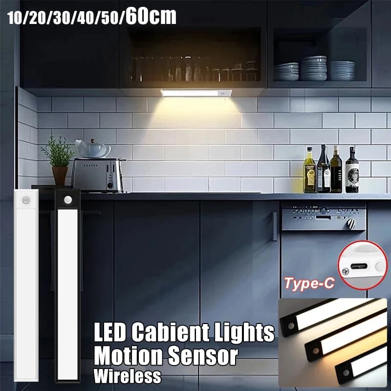10-60CM Sensore di movimento a LED Luce notturna ricaricabile sotto le luci dell'armadio Lampada senza fili Guardaroba Armadio da cucina Illuminazione della camera da letto