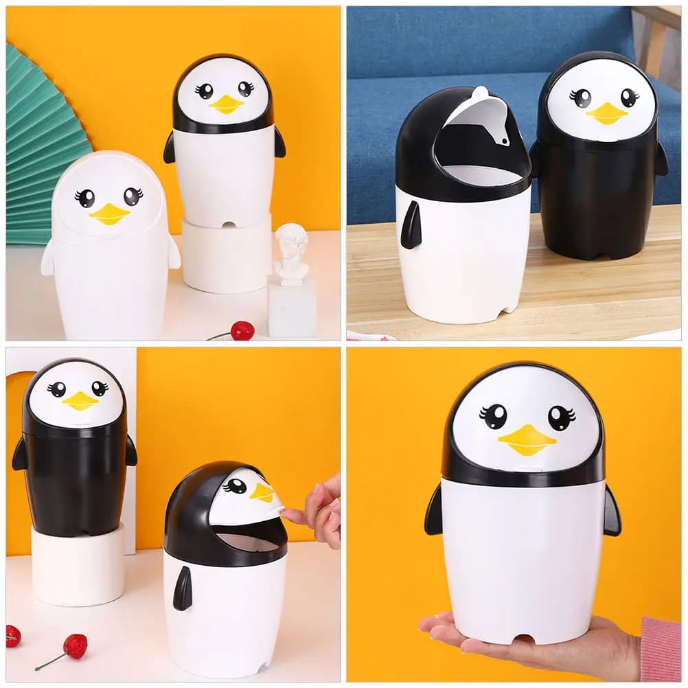 Cestino per Rifiuti Mini Penguin con Coperchio Ribaltabile, Robusto Contenitore in Plastica per Scrivania, Auto, Ufficio, Camera da Letto, Design Cartoon