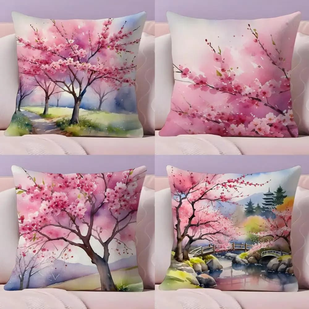 Fodera per cuscino con motivo ciliegio in primavera, in lino naturale, tessuto organico, stampa fronte-retro, per divano, decorazione per la casa, regalo