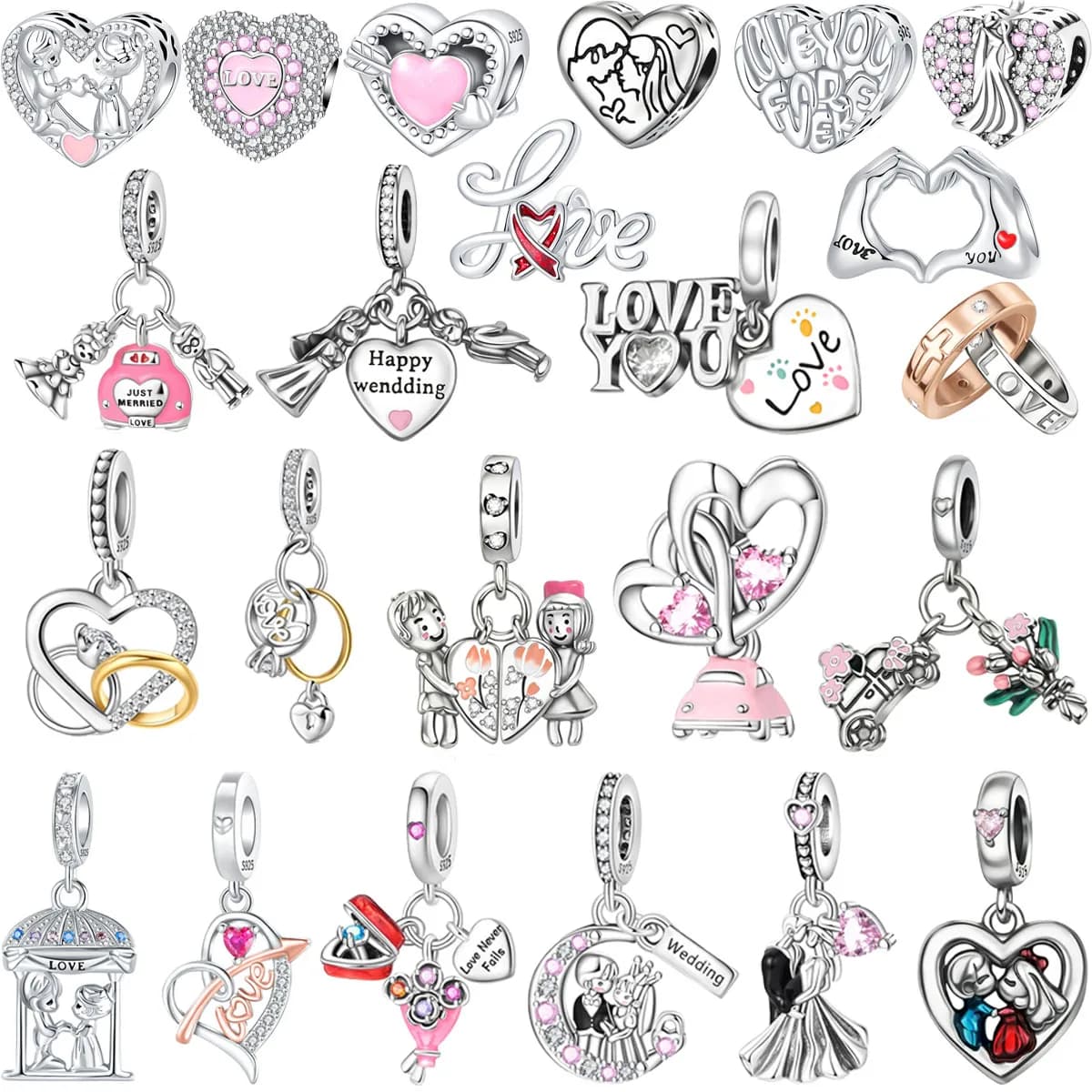 Original 925 Sterling Silver Charms Heart Couple Wedding Ring Flower Beads Pendant Bracelets Necklaces Womens DIY Jewelry Gift