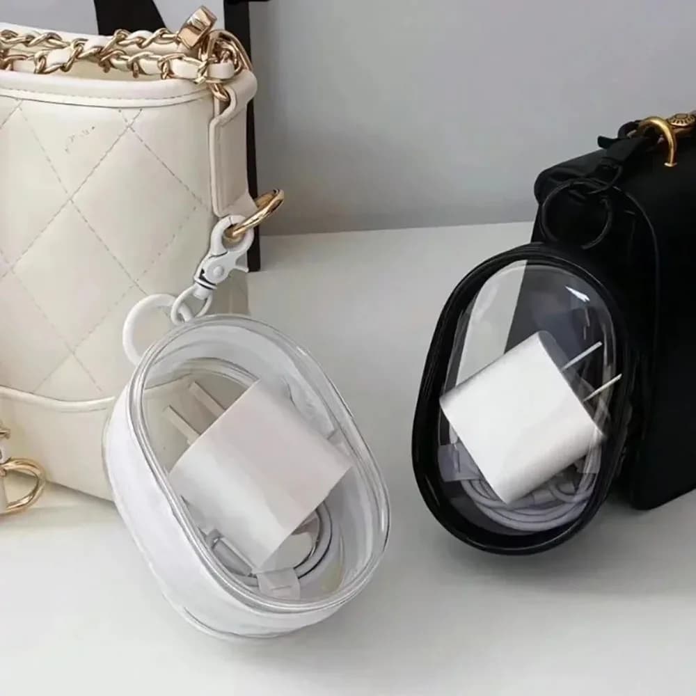 Mini transparent portable bag with zipper, earphone charger cable, multipurpose organizer bag with handy key ring