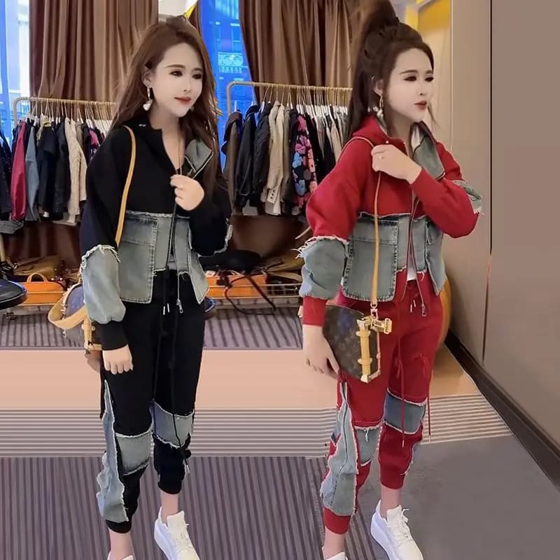 Autumn High Street Two Piece Set Women Denim Patchwork Loose Hooded Jacket+High Waist Pencil Pants Fashion Personality Set
