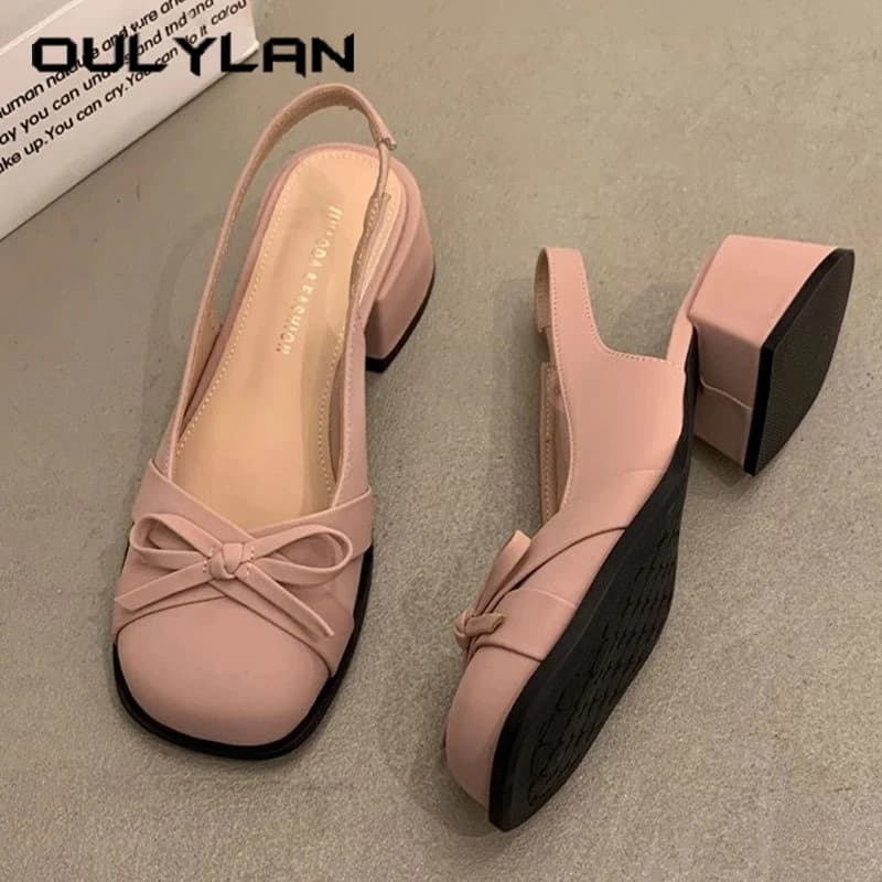 Oulylan Women Bowknot Mid-Heeled Sandals Elegant Square Head High Heels Shoes Summer Fashion Casual Solid Color Pumps for Ladies