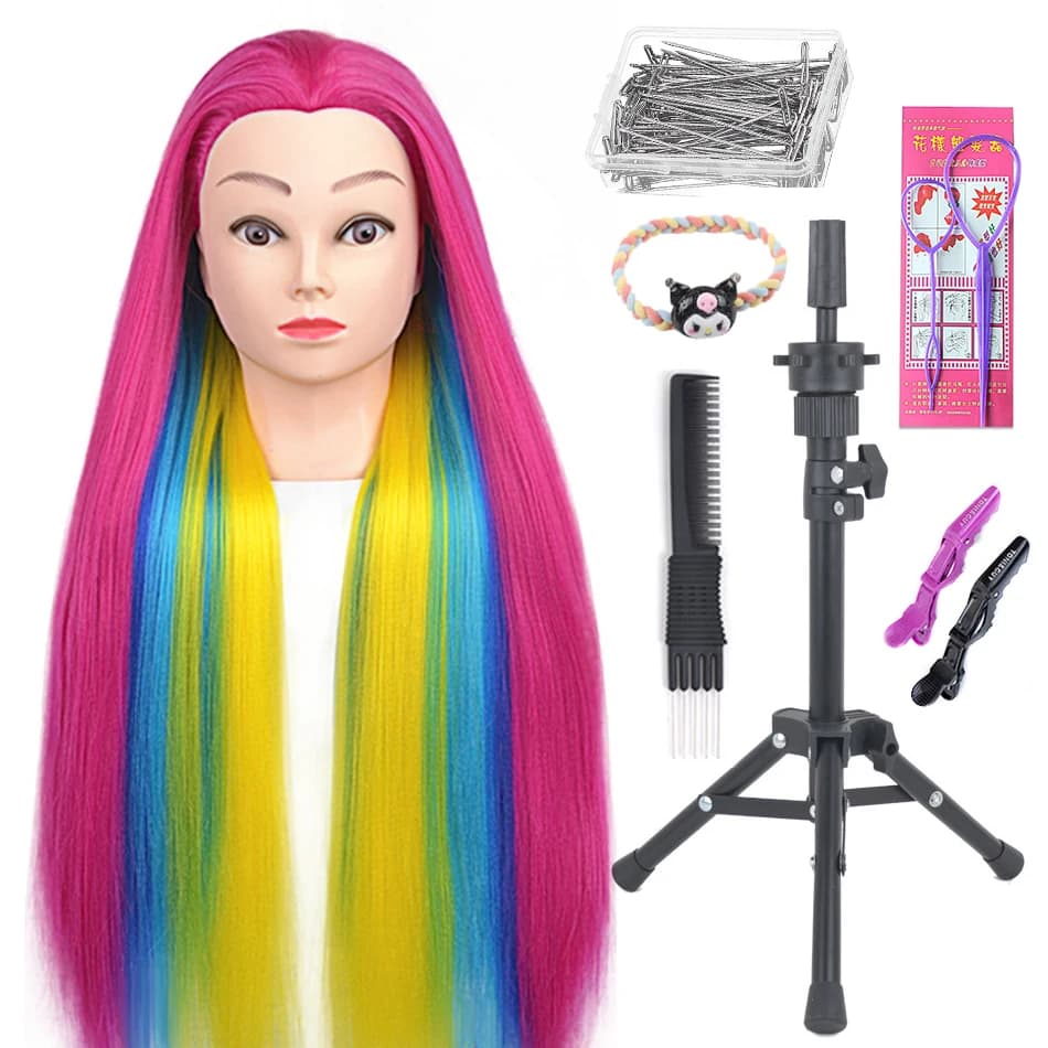 Testa di manichino 100% capelli sintetici Testa di formazione per parrucchiere con treppiede Manichino Cosmetologia Testa di bambola per intrecciare lo styling