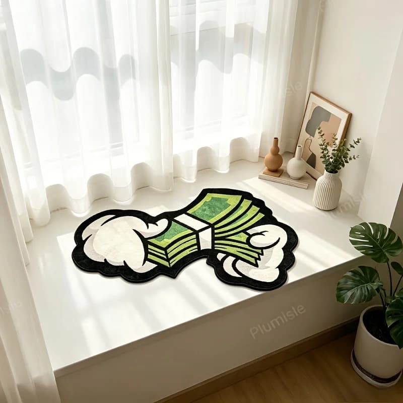 VIKAMA Cartoon Hand Holding Money Shaped Rug Hip Hop Street Style Non Slip 2D Print Bathroom Entrance Funny Decor Doormat
