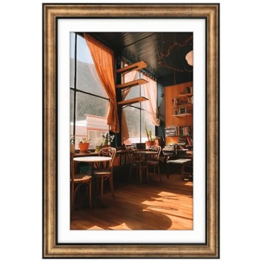 Cornice per Foto con Passepartout per Immagini 11x17 e Vetro Vero, Pannello Marrone Oro Scuro e Bronzo Peltro con Passepartout Bianco, 1,25 Pollici