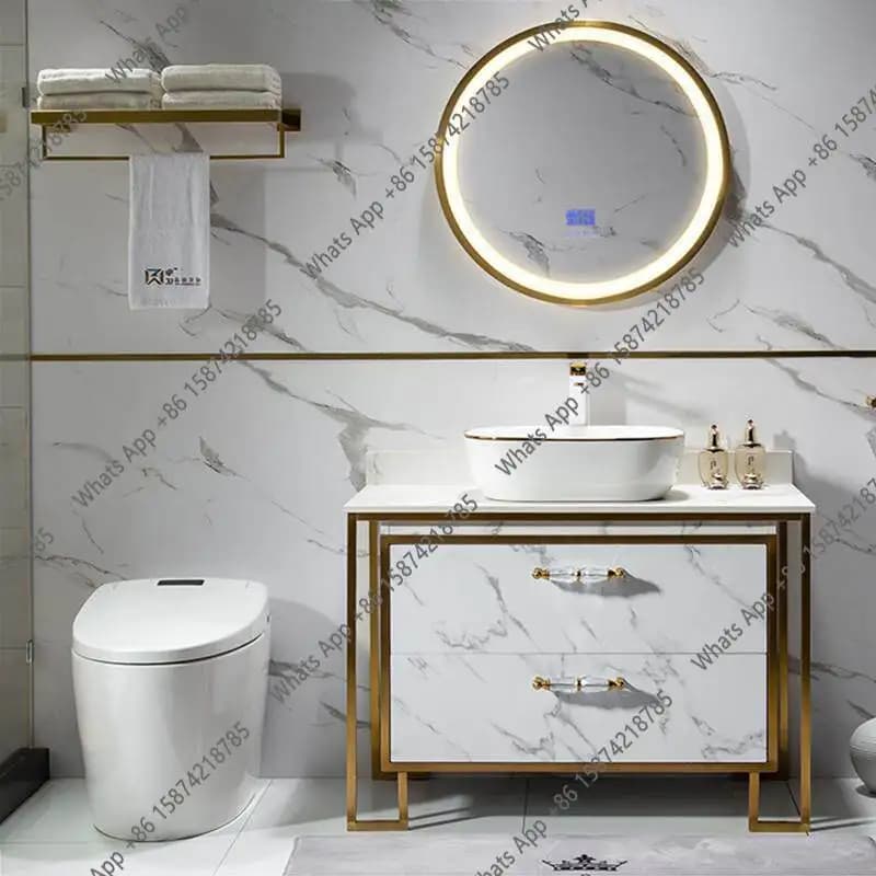 Customized light luxury intelligent round mirror stainless steel bathroom cabinet combination rock slab table basin