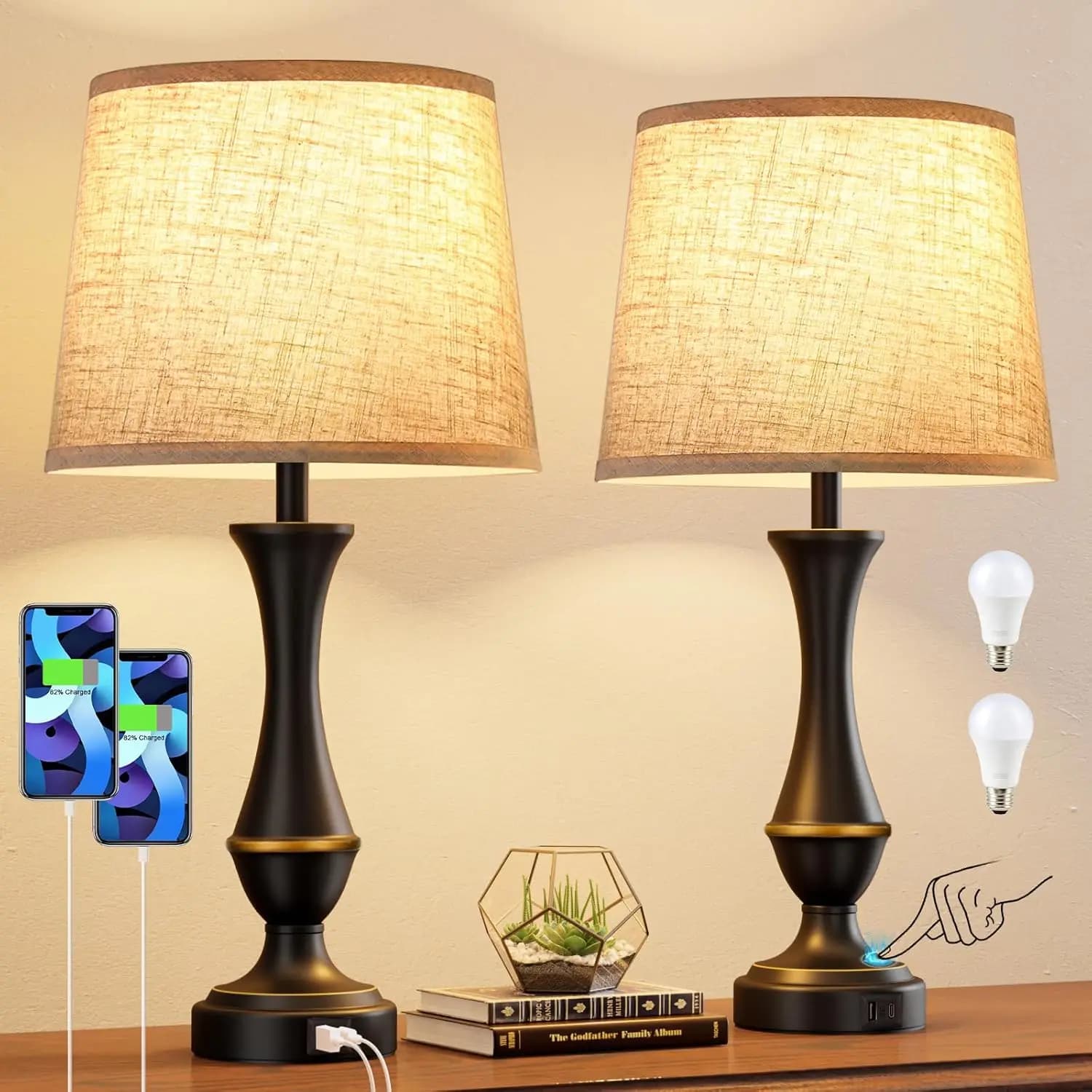 Set di 2 Lampade da Comodino Dimmerabili con Controllo Touch, Porte USB C+A, Lampadine LED Incluse per Camera da Letto e Soggiorno