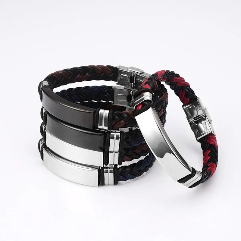 Crude woven leather bracelet for laser engraving Stainless steel plate bracelet Metal identification label Wholesale 10 pieces