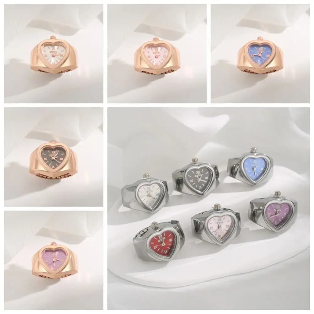 Retro Alloy Ring Watch Elastic Strap Quartz Movement Heart Shape Rings Watch Heart Shape Stainless steel Mini Clock Women