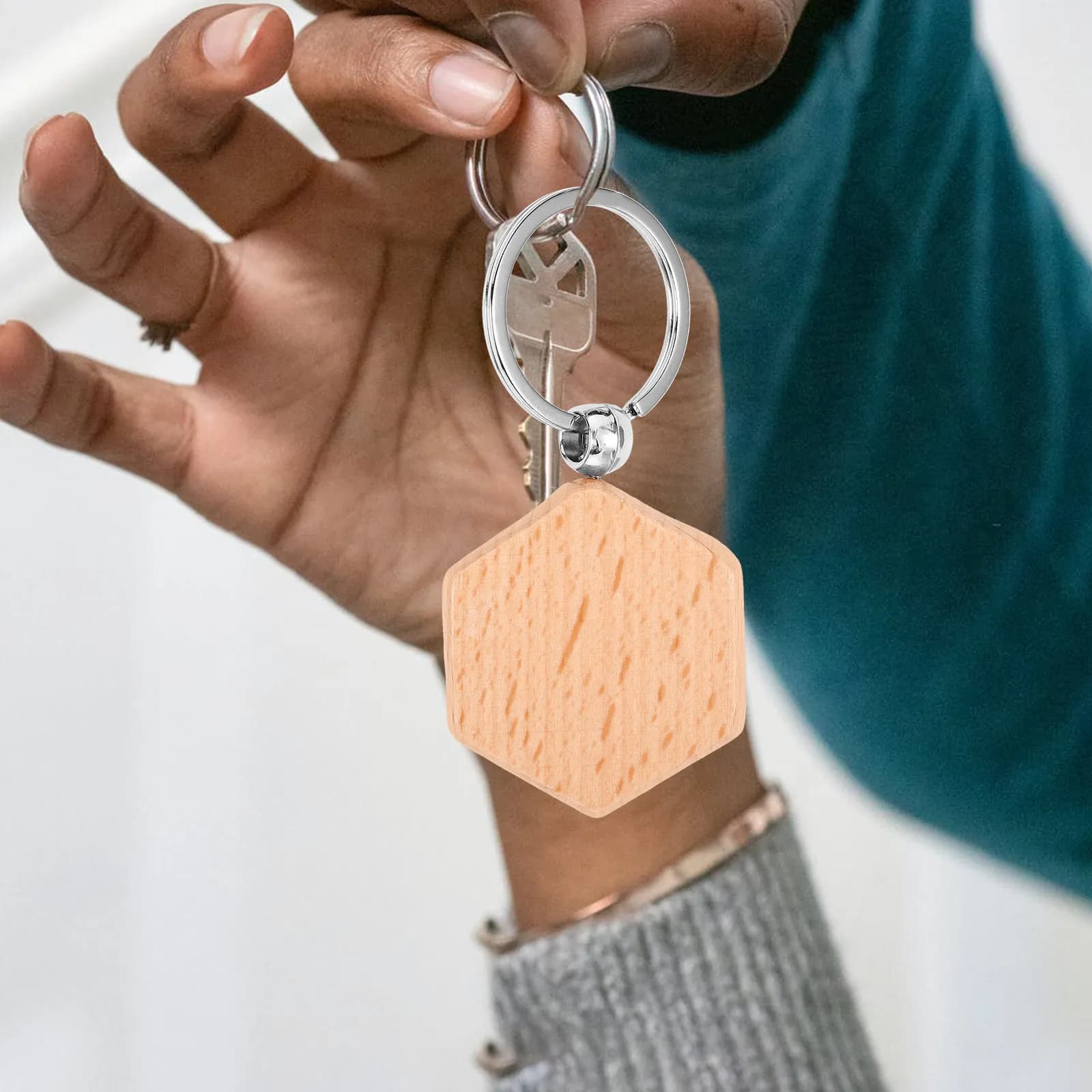 10 Pieces Hexagonal Keyring in Beamwood, Grezzi, Engraveables, for Fai-da-te and Jewellery Creations