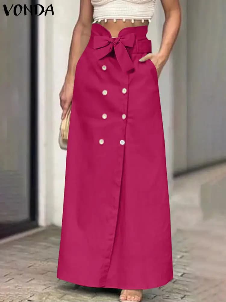 VONDA Plus Size 5XL Women's stylish fashion Maxi skirts 2024 Solid color belt with bow buttons Casual skirts long pockets loose background