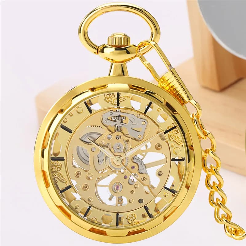 Orologio da tasca meccanico a carica manuale in bronzo Orologio da taschino con scheletro trasparente in oro Orologio antico Lancette luminose Regalo per uomo Donna