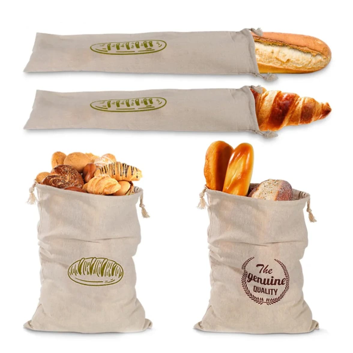 Reusable linen bread bags with coulisse to store homemade bread, homemade bread and baguette.