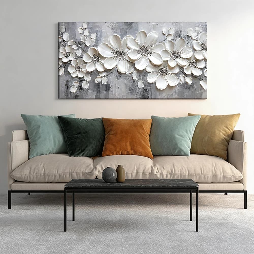 Painted on canvas with large wooden frame, 1 piece, wall decoration with white flower for the house.