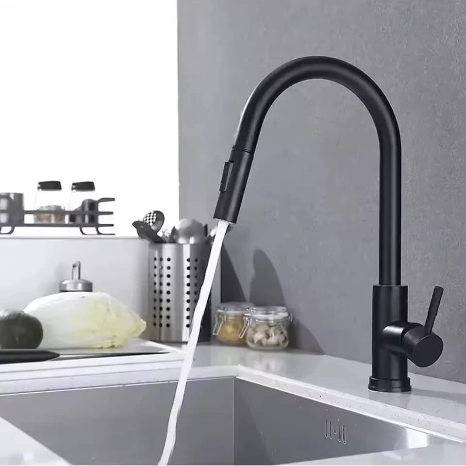 Rubinetto da cucina estraibile nero, montaggio su piano, miscelatore flessibile per lavello con acqua calda e fredda, con ugello a getto e doccia
