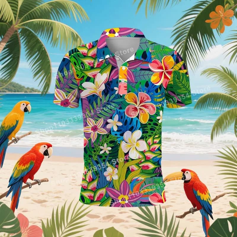 Polo hawaiana da spiaggia con alberi di cocco per uomo Estate Stampa 3D Foglie Manica corta Polo da golf Maglietta da strada Top