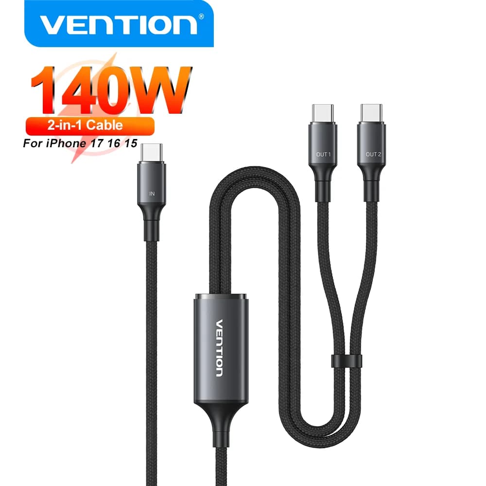 Cavo Vention 140W USB-C a Type-C 2-in-1 PD3.1 per Ricarica Rapida, Cavo USB-C a Doppio Type-C per Laptop, Tablet, iPhone 17, Samsung
