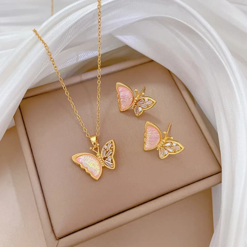 Set di Collana e Orecchini con Farfalla Rosa in Zirconi Stile Corte Reale, Gioielli di Lusso per Matrimoni e Regali per Ragazze