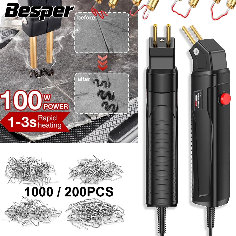 Saldatore per plastica da 100W, Kit di 1000/200 graffette a caldo, Kit per saldatura plastica, Riparazione paraurti auto per la maggior parte delle plastiche, Riparazione plastica
