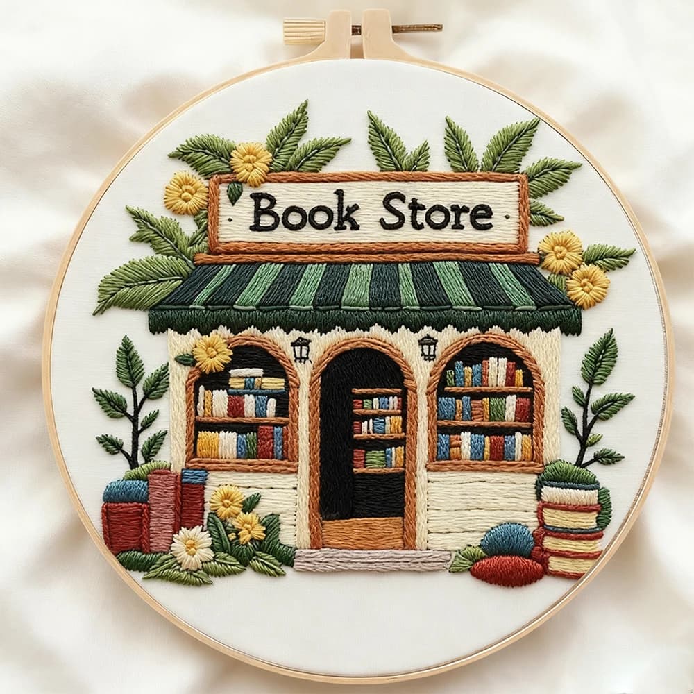 1pc kit punto croce paesaggio casa libro negozio cerchio cucito con ago fiore ricamo set scaffale decorazioni per la casa