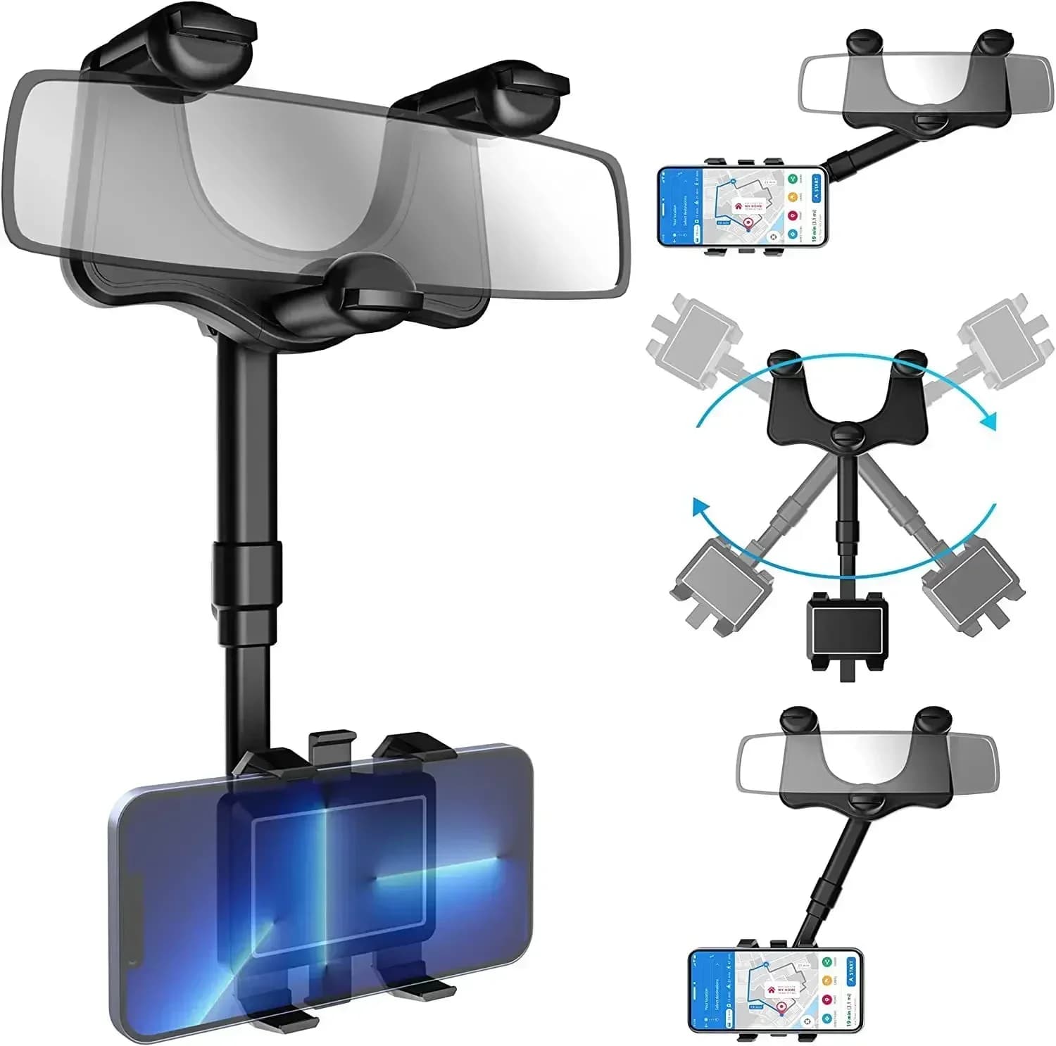 Universal car phone stand with swivel design and rearview mirror retractable, DVR, GPS and camera on the dashboard