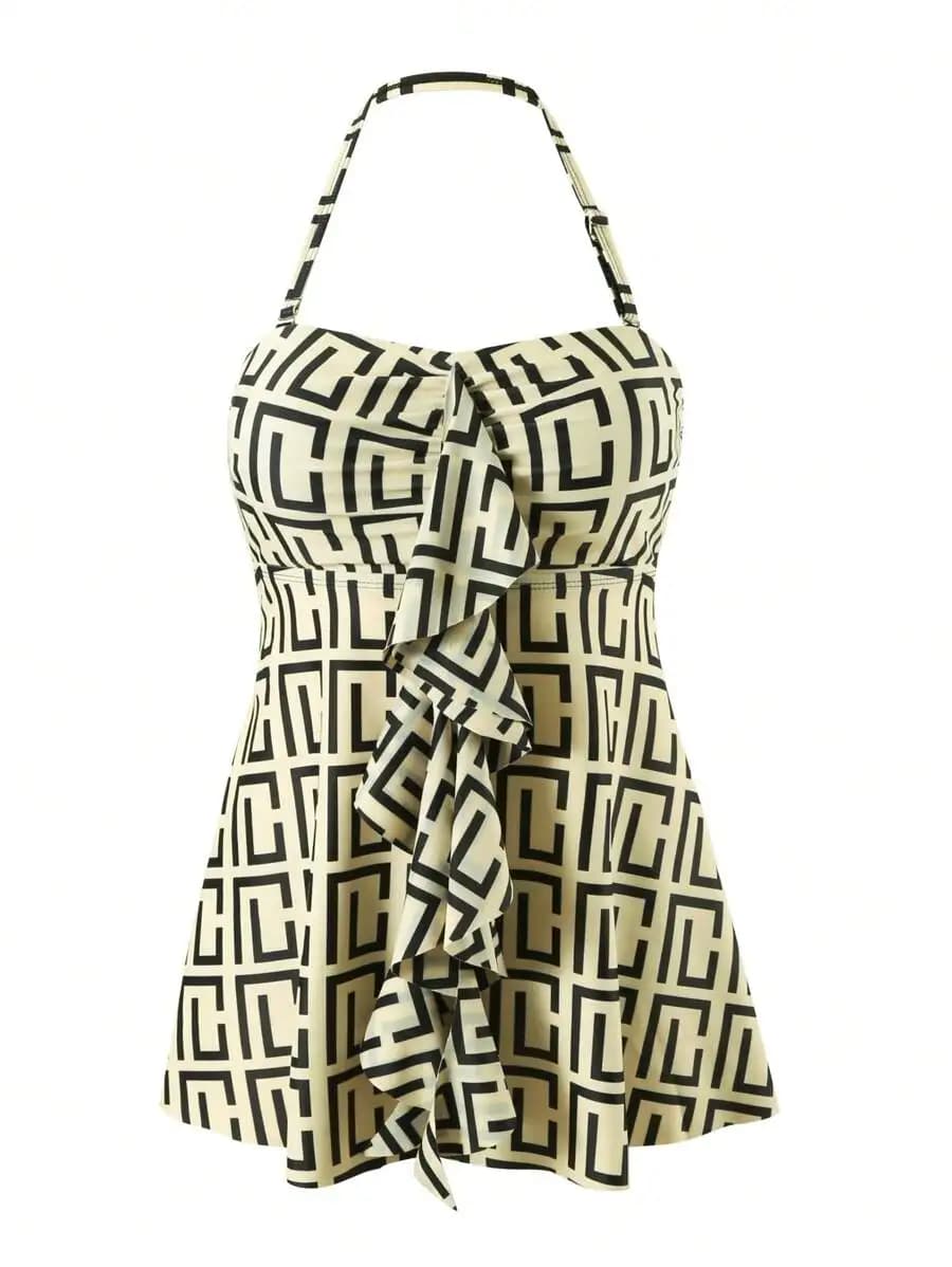 Costume da bagno tankini con volant e collo all'americana con motivo geometrico per abbigliamento estivo da spiaggia da donna