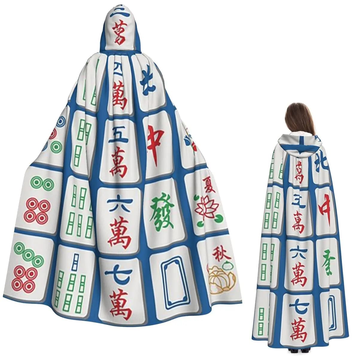 Mantello Lungo con Cappuccio Blu con Motivi Mahjong, Costume da Strega Medievale, Mantello per Cosplay, Festa di Halloween, Unisex per Adulti