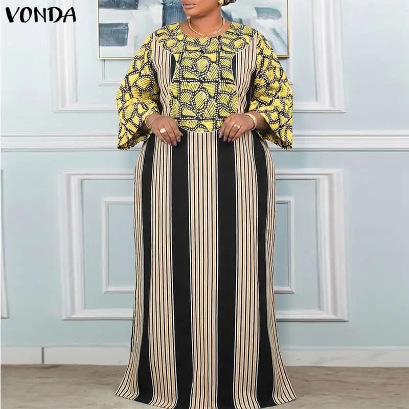 Abiti da donna taglie forti primavera estate VONDA, elegante vestito stampato a maniche lunghe, abiti maxi a maniche a campana, vestiti da festa a maniche a 3/4