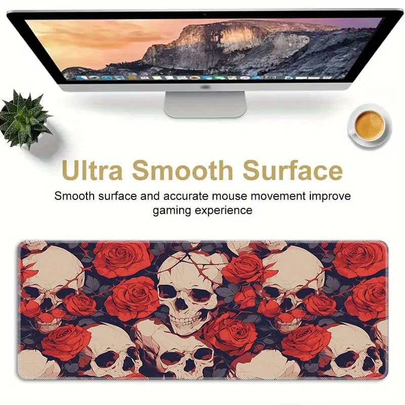 Tappetino per mouse da gioco extra large con teschio e rose, bordo cucito liscio, tappetino da scrivania antiscivolo