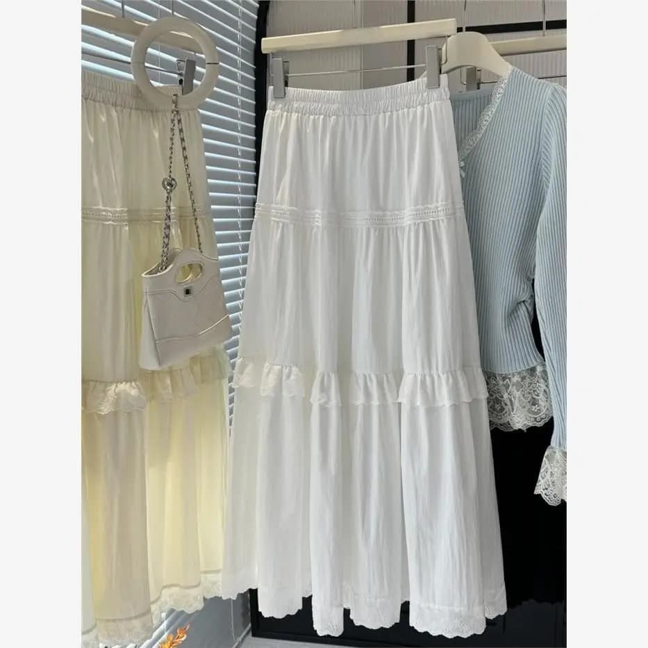 Gonna a balze Sweet Lace Cake Ruffle a vita alta, lunghezza midi, bianca, versatile, primavera estate, nuova, snellente, stile coreano