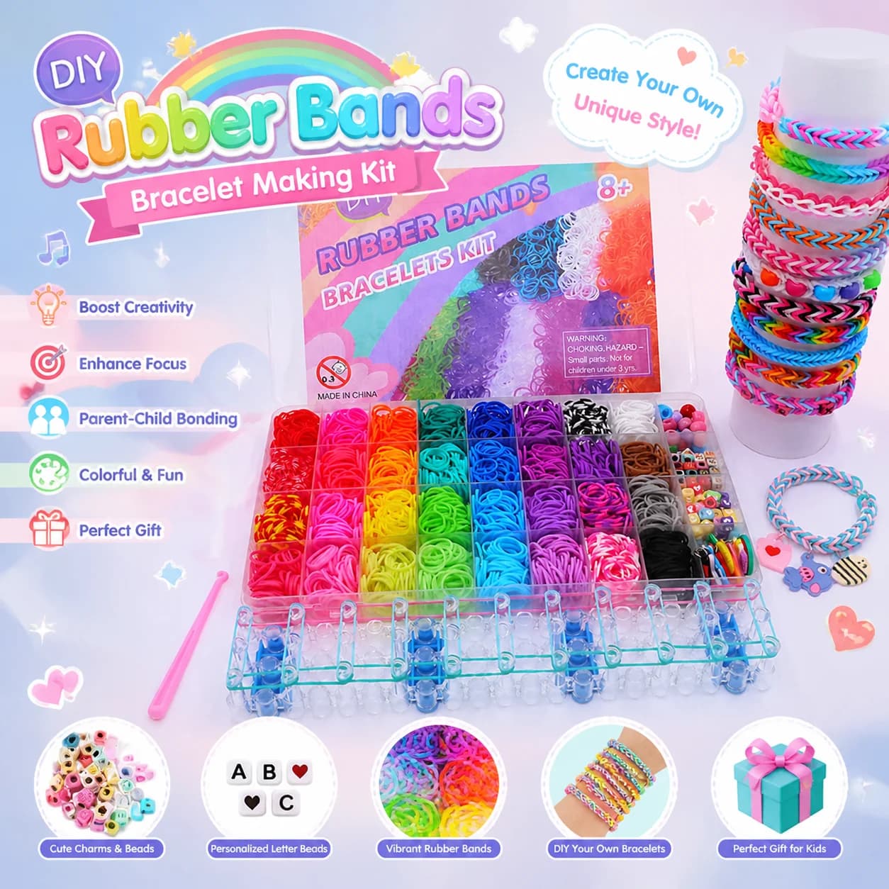 Kit artigianale con fasce color arcobaleno da 2650 pezzi - Elastici in gomma siliconica per realizzare braccialetti fai-da-te, simpatici animali e disegni floreali con lettera