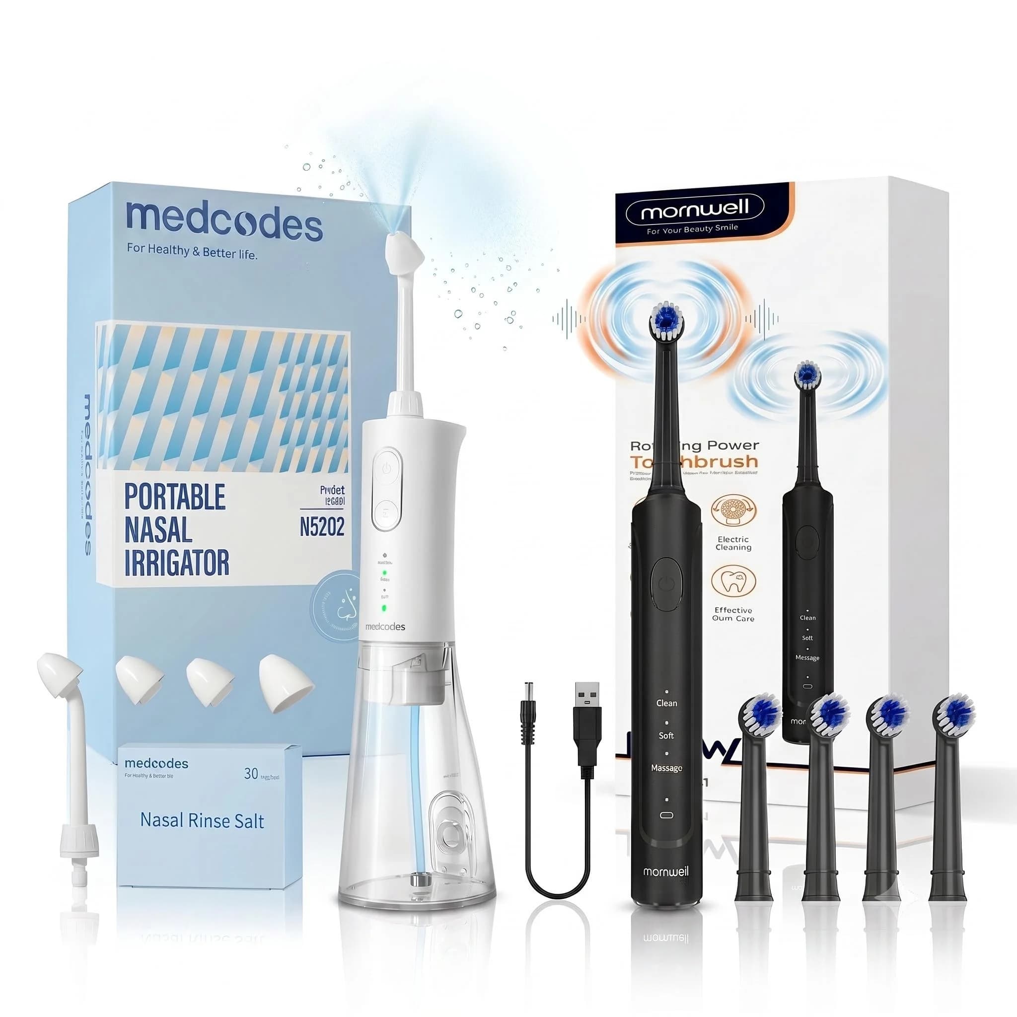 Mornwell Set for Nasal Irrigation Portable and Electric Brush, Rechargeable Kit for Nasal Hygiene and Oral for Home and Travel
