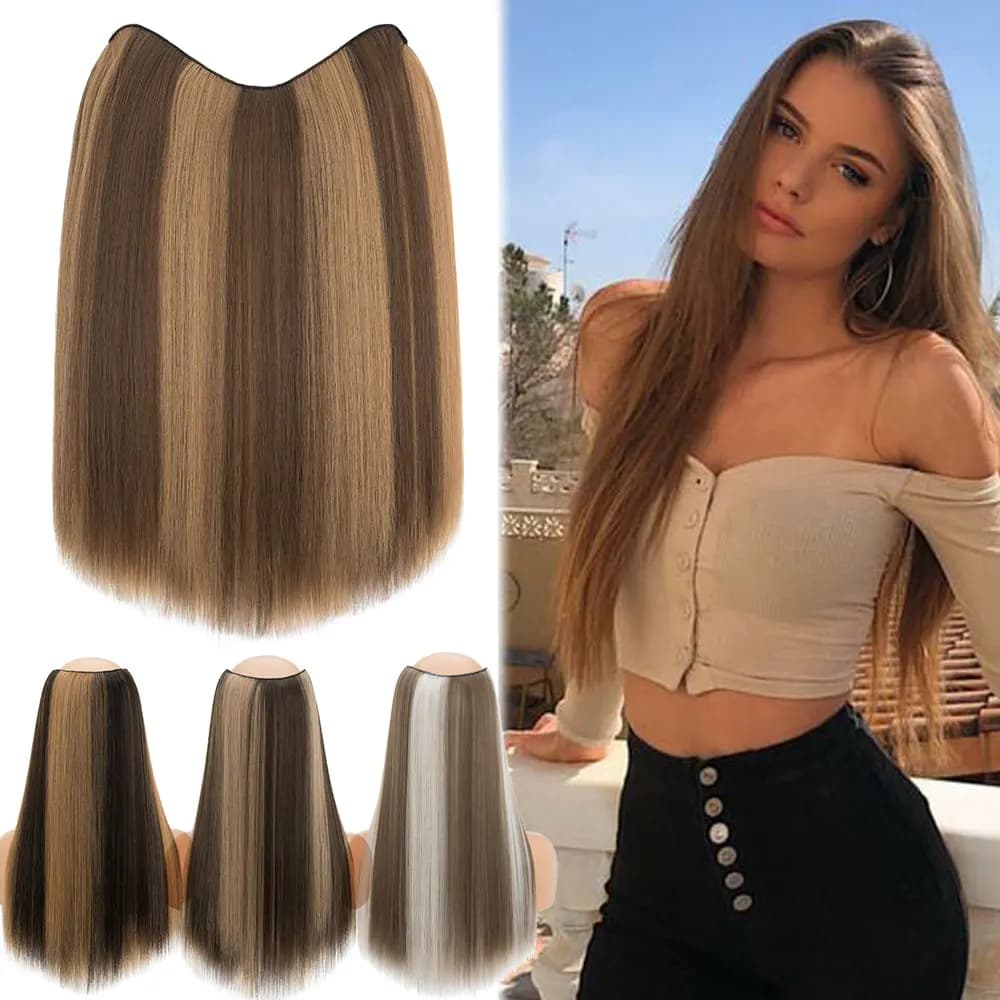 Snoilite Synthetic Long Soft Straight Hairstyle 5 Clip In Hair Extension 18Inch One Piece Hairpiece Brown Blonde Black Fake Hair