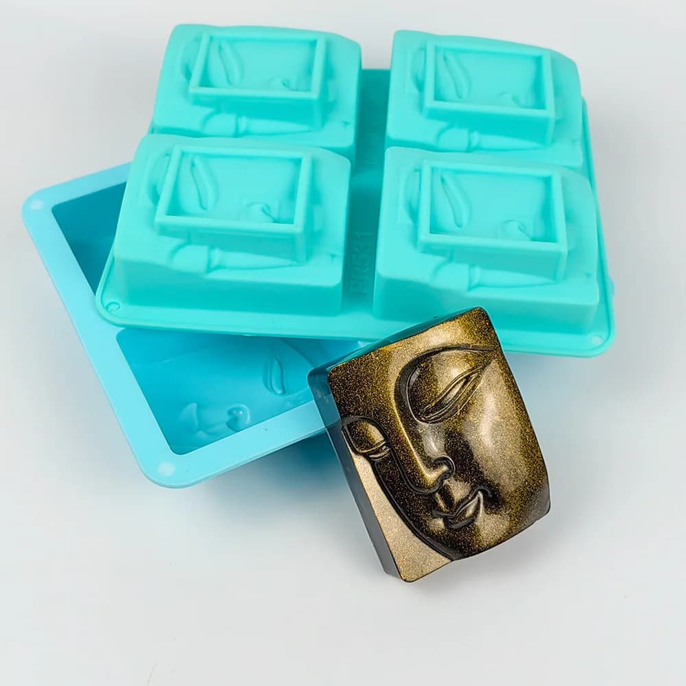 4 fori Buddha ritratto sapone stampo mestiere viso umano sapone cera stampo resina siliconica candela stampi fai da te torta al cioccolato che fa forniture