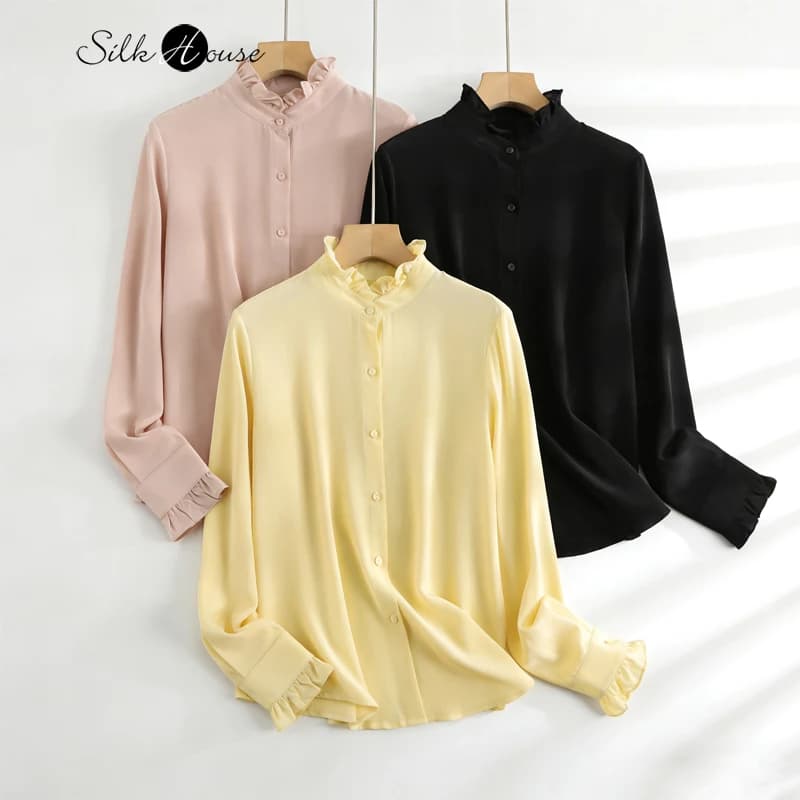 Camicia da donna primavera/autunno nuovo stile palazzo 100% seta di gelso naturale 03 Crepe De Chine Camicia francese a maniche lunghe con colletto a petalo