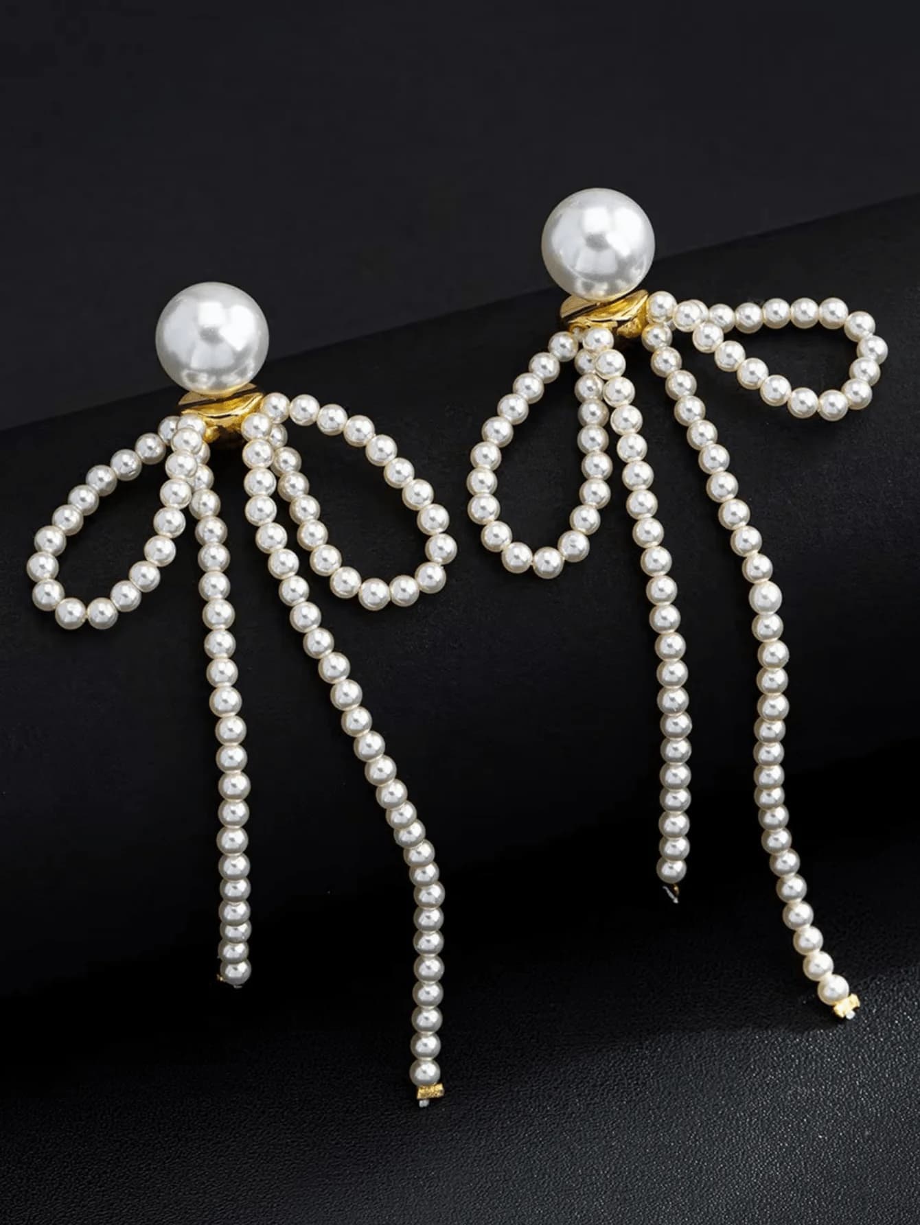 1pair Glass Pearl Long Tassel Beaded Earrings, Bow Design Elegant Dangle Earrings For Women, Party Wear