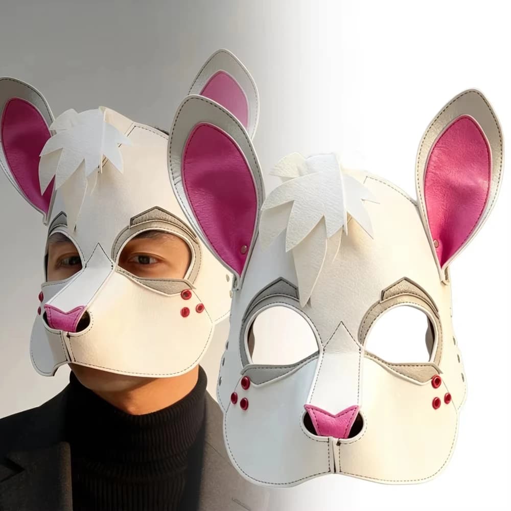 Punk White Rabbit Half Face PU Leather Mask Adult Bunny Animal Mask Fursuit Halloween Masquerade Cosplay Party Costume Accessory
