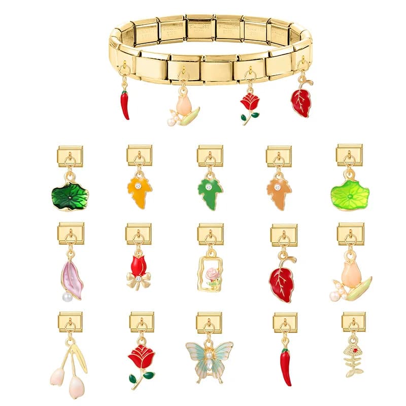 WG 1pc braccialetto modulare italiano foglia di loto ciondolo con ciondolo floreale collegamenti accessori fatti a mano vintage personalizzati modulari fai da te