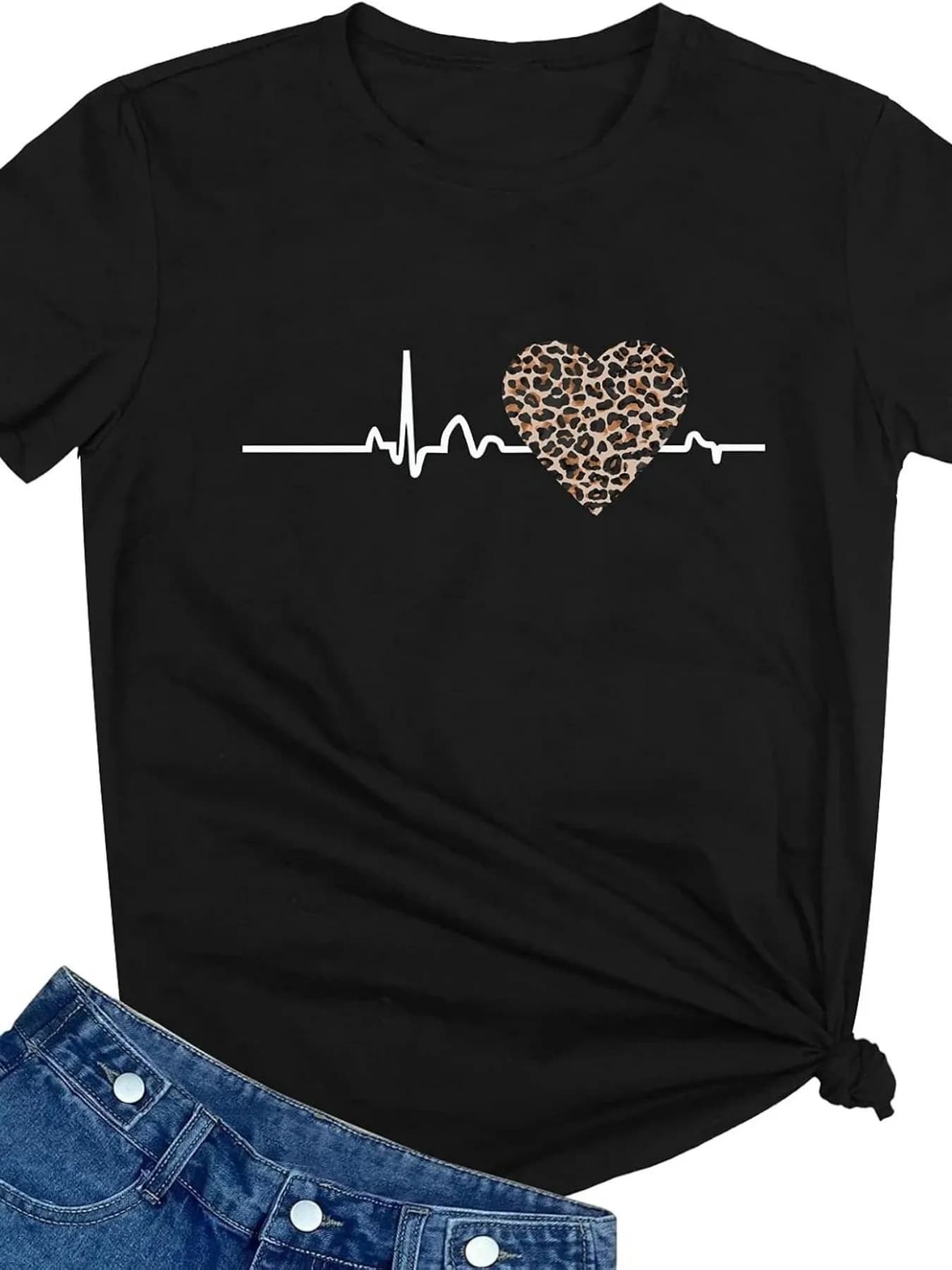 Plus size women's short sleeve T-shirt Heartbeat With Leopard Print breathable fabric summer outfit women's clothing