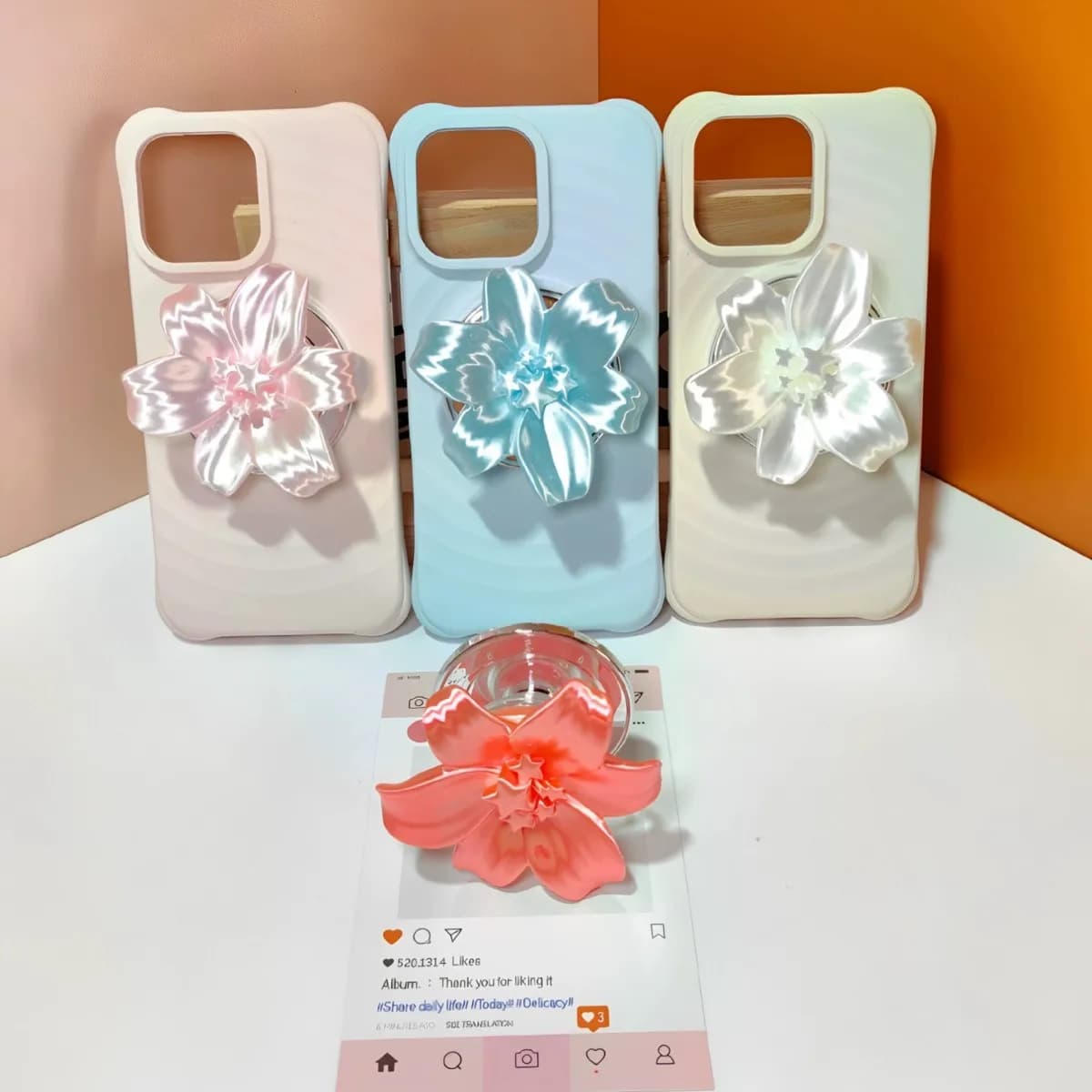 Glossy Pearl Lily Flower Magnetic Phone Grip Holder Kawai Finger Socket Phone Stand Bracket Cell Case Girls Daily Accessories