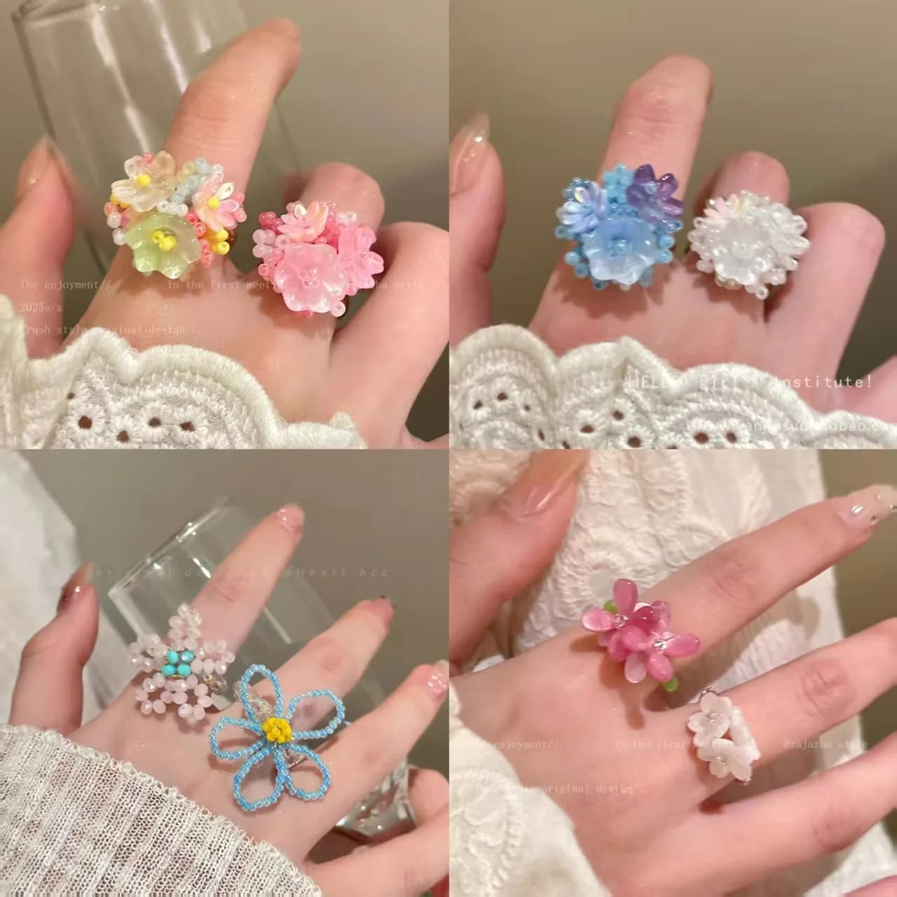 Anello da donna con perline colorate, ciondolo a forma di ortensia e mughetto, design di nicchia, dolce e trendy per tutti i giorni