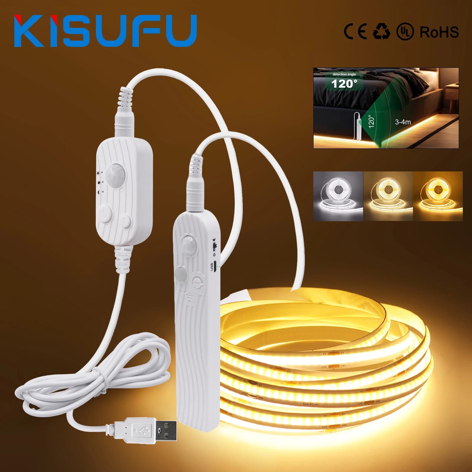 Striscia luminosa a LED COB da 3MM 5MM 8MM 5V 320LED Sensore di movimento PIR Luce notturna flessibile Nastro alimentato a batteria USB/AAA 3000K 4000K 6000K