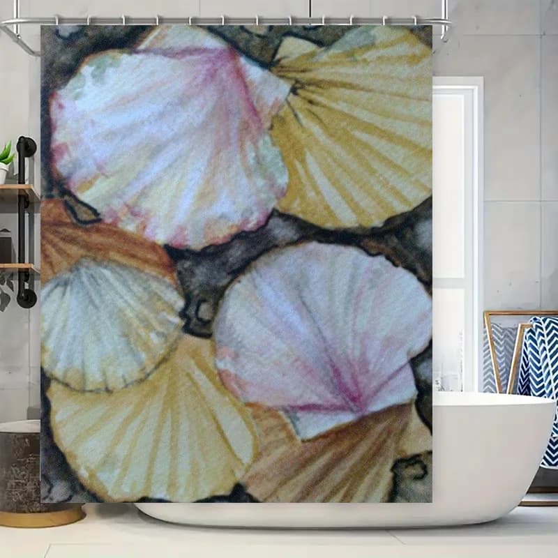 Tenda da bagno con conchiglia dipinta a mano Tenda da doccia decorativa Tessuto impermeabile Bianco Rosa Giallo Design per il bagno