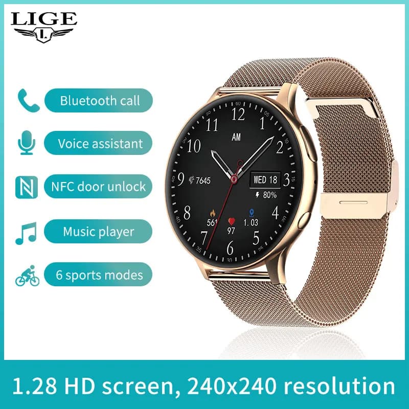 LIGE Smartwatch da donna con cardiofrequenzimetro, NFC, sblocco porta, chiamata Bluetooth, riproduzione musicale, assistente vocale, smartwatch per Android IOS