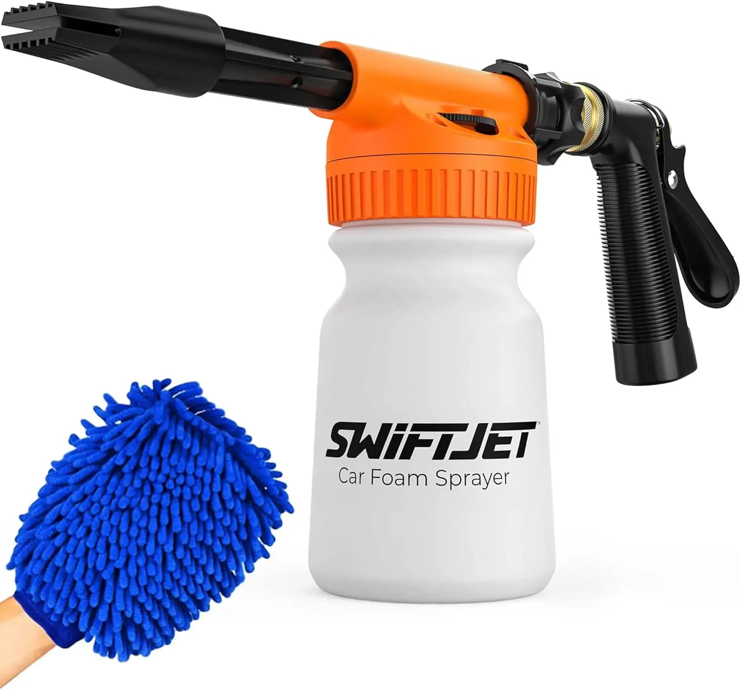 Pistola schiumogena per autolavaggio con guanto in microfibra - Cannone schiumogeno per qualsiasi sapone, kit spruzzatore per tubo da giardino in arancione