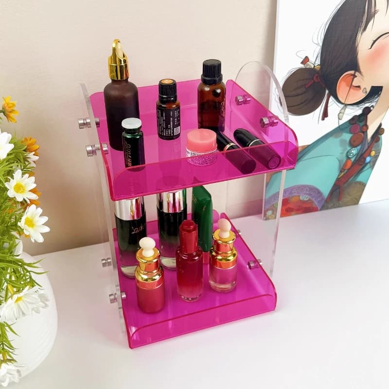 ‌Acrylic Cosmetic Organizer, Multi-Tier Desktop Shelf, LED Makeup Display Box, Pink Vanity Storage Rack
