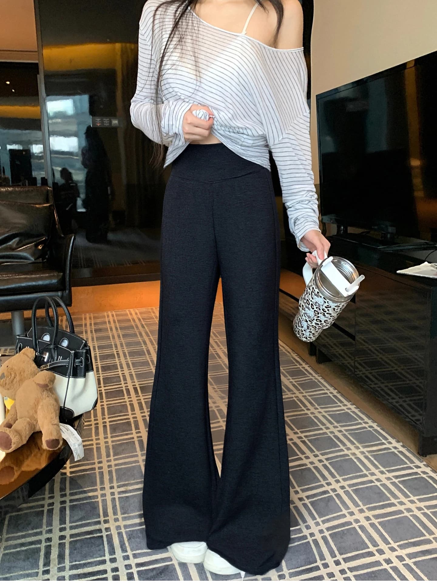 Black High Waist Bell Bottom Casual Pants Women's Autumn Slimming Not Legging Flared Pants Drapey Floor-Length Pants